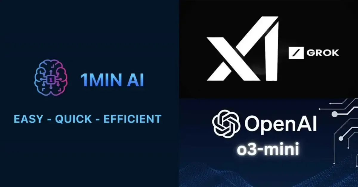 Logos for 1MIN AI, X1 / GROK, and OpenAI o3-mini displayed on a dark background.