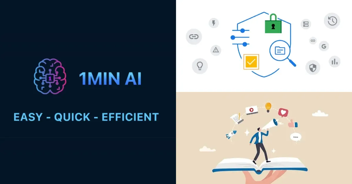 Collage of '1MIN AI' branding, cybersecurity graphics, and a man managing business concepts.