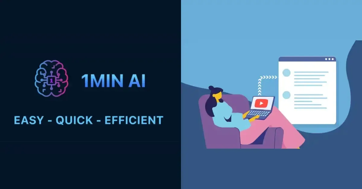 1MIN AI logo with brain, text EASY QUICK EFFICIENT, and person using laptop on couch.