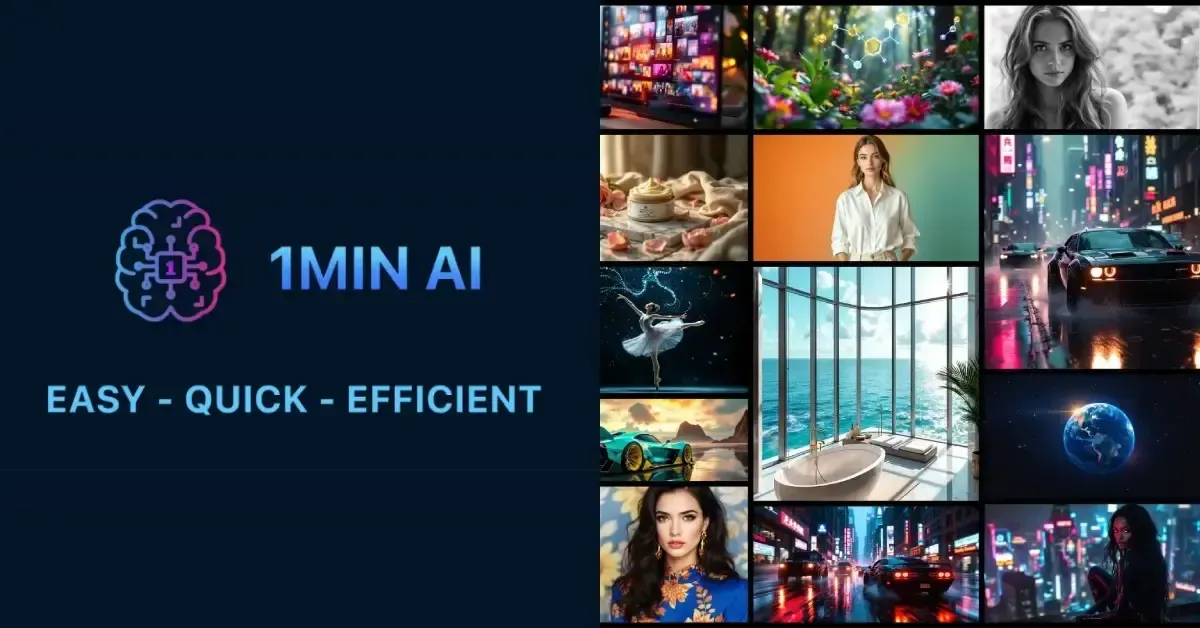 1MIN AI logo and slogan, 'EASY - QUICK - EFFICIENT', alongside diverse AI-generated image examples.