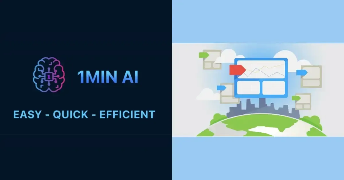 1MIN AI logo with a brain icon next to digital network illustration over a city.