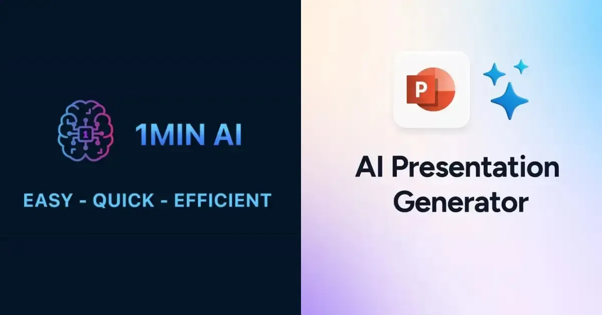 1MIN AI logo and text for an AI Presentation Generator using PowerPoint.