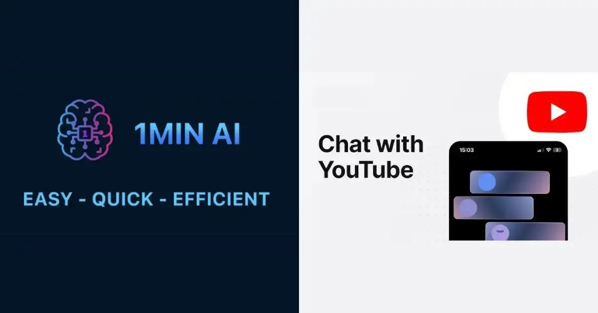 1MIN AI logo and slogan advertising a 'Chat with YouTube' feature via a phone screen.