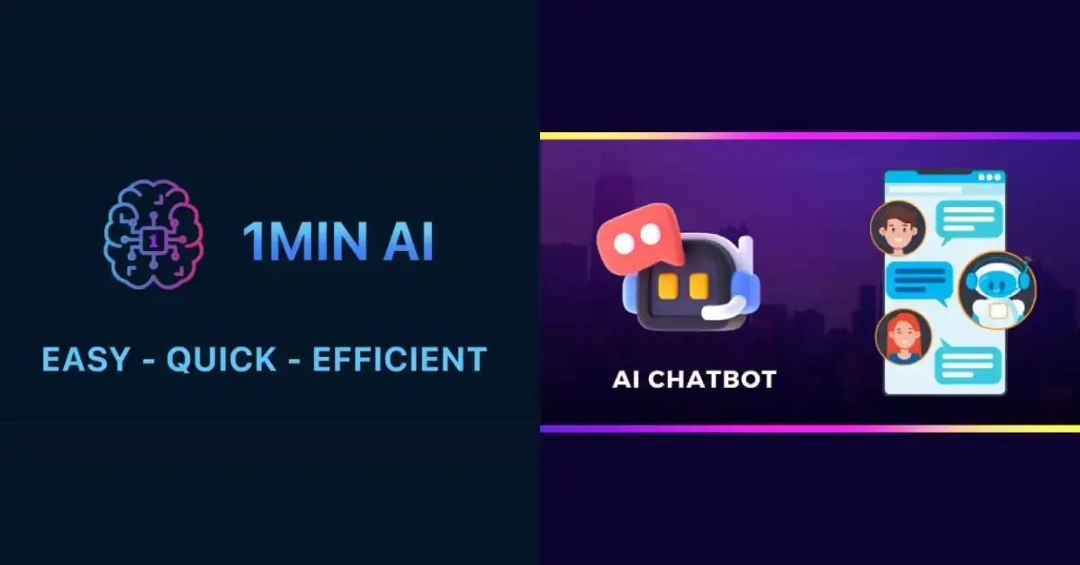 1MIN AI branding next to an AI chatbot with user chat bubbles.