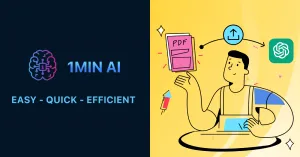1MIN AI logo, slogan, and a person using AI tools with a PDF.