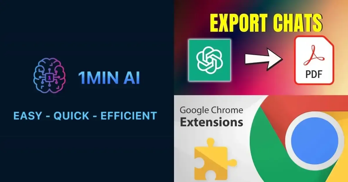 Collage showing 1MIN AI, exporting ChatGPT chats to PDF, and Google Chrome extensions.