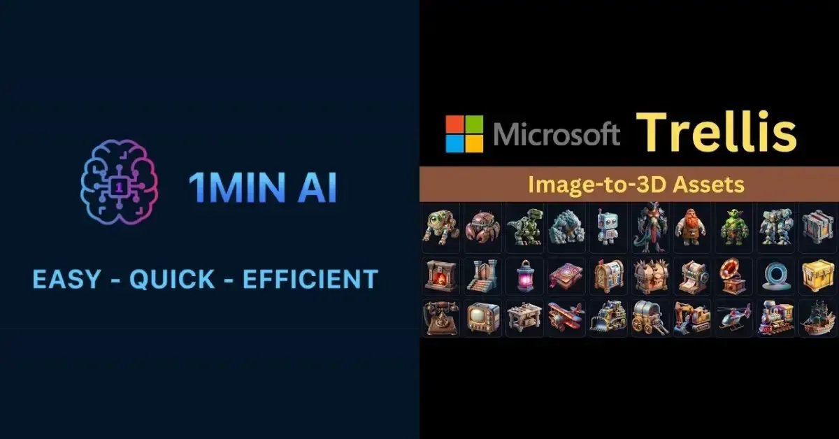 Promotional image for 1MIN AI and Microsoft Trellis, showcasing image-to-3D asset conversion.