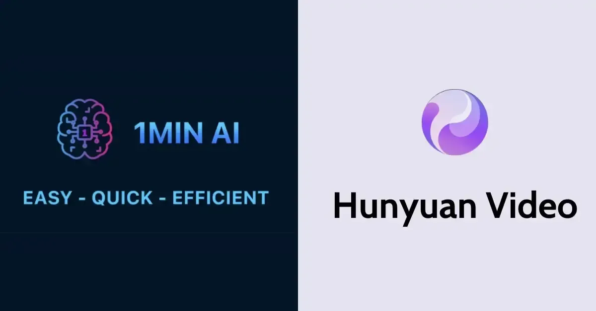 1MIN AI logo with slogan 'EASY - QUICK - EFFICIENT' next to Hunyuan Video logo and text.