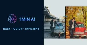 1MIN AI logo next to a car image transforming from blue in urban to red in autumn.