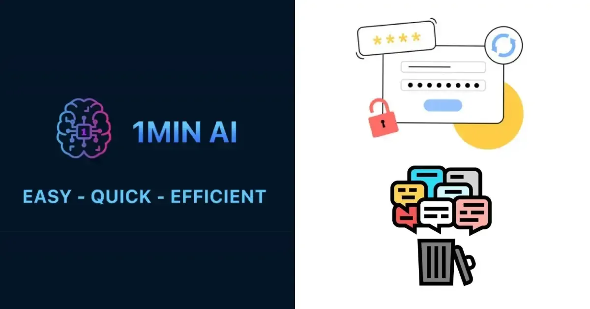 1MIN AI branding with brain icon, slogans EASY - QUICK - EFFICIENT, security and chat deletion icons.