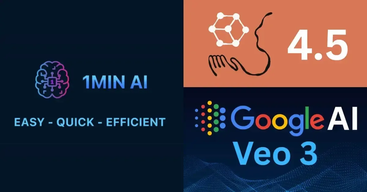 Collage featuring "1MIN AI", "Google AI Veo 3", and a hand with "4.5".