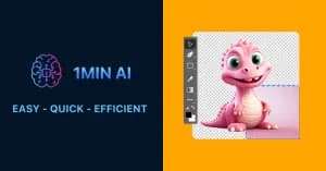 1MIN AI branding with brain logo, and a cute pink cartoon dinosaur with editing interface.