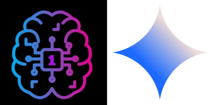 Gradient AI brain icon with circuits and '1' chip, beside a blue sparkling star.