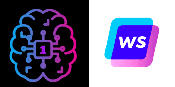 Stylized AI brain icon with circuit board, next to the white Webflow WS logo.