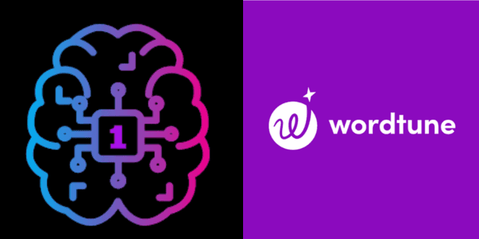 AI brain circuitry with '1' chip alongside the Wordtune logo on a purple field.
