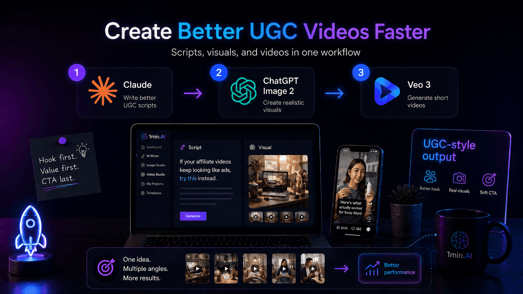 Infographic showing a three-step AI workflow to create user-generated content videos faster.