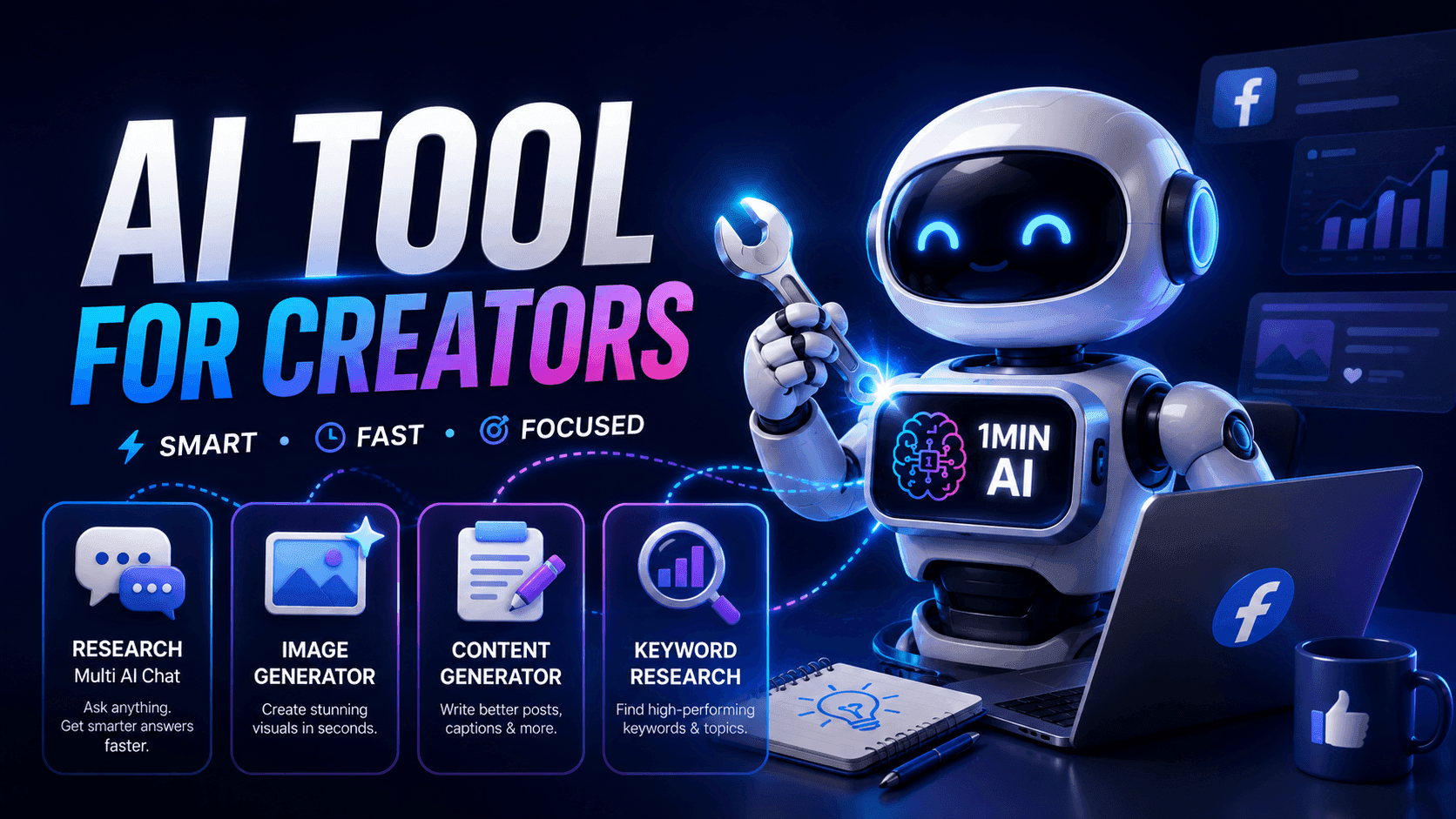 AI robot holds a wrench, alongside a laptop advertising 'AI TOOL FOR CREATORS' features.