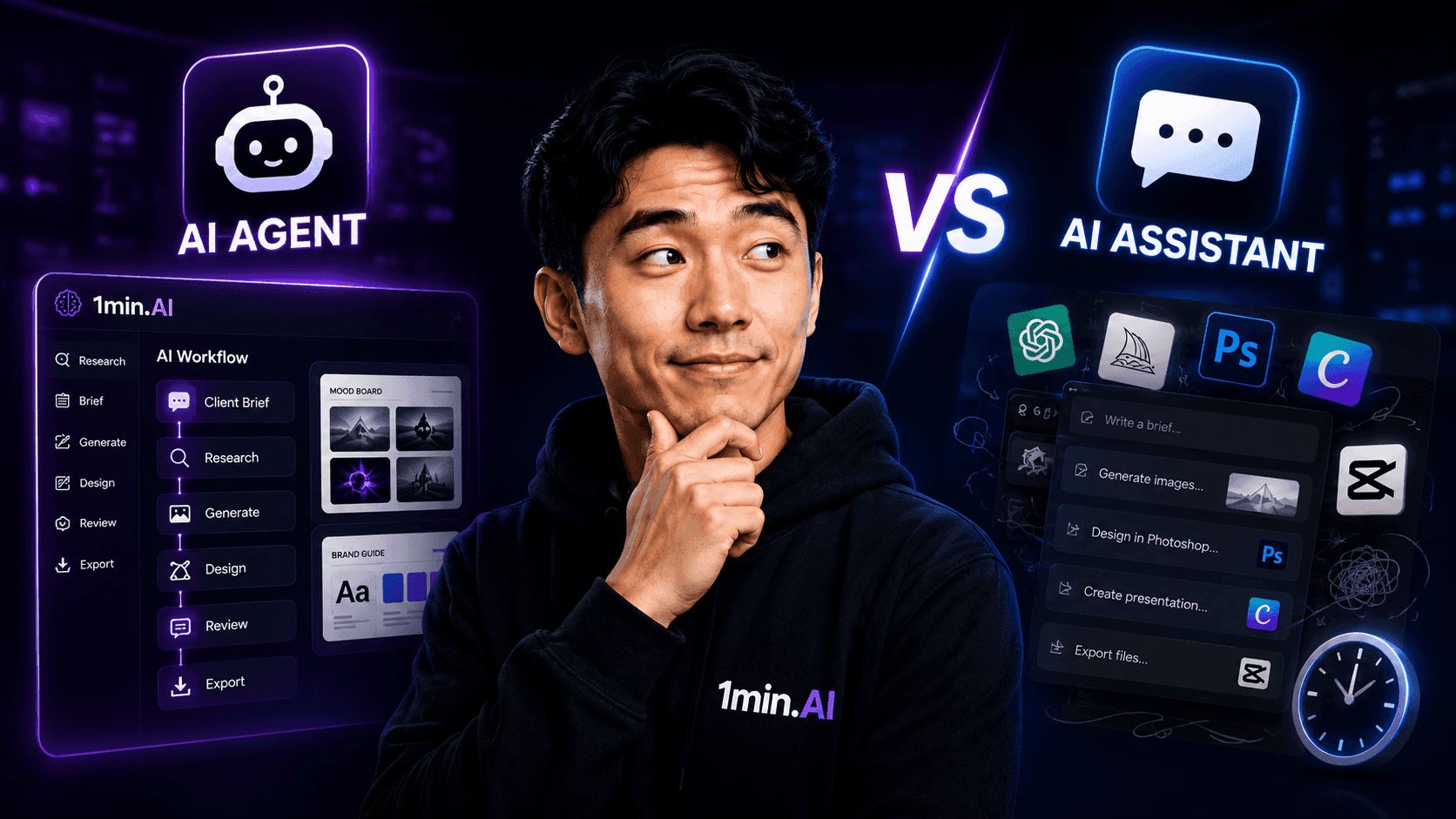 Man comparing AI Agent and AI Assistant concepts on a dark, tech-themed background.