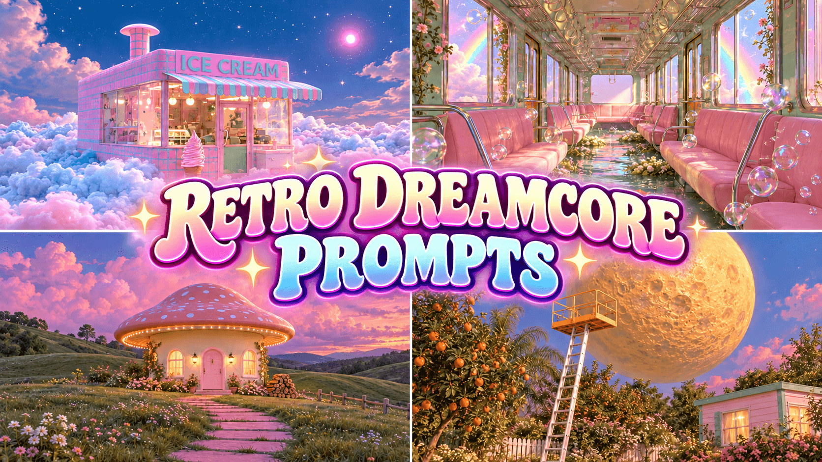 Text 'RETRO DREAMCORE PROMPTS' central to a collage of four pastel fantasy scenes.