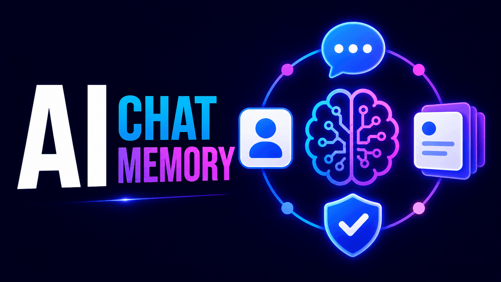 AI CHAT MEMORY text with connected icons representing user, brain, chat, documents, and security.
