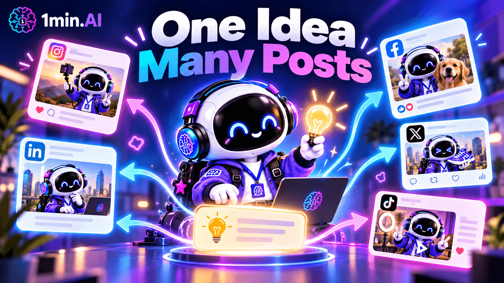 AI robot creating diverse social media posts from 'One Idea Many Posts' for various platforms.