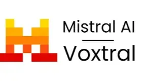 Pixelated orange and red graphic next to 'Mistral AI Voxtral' text.