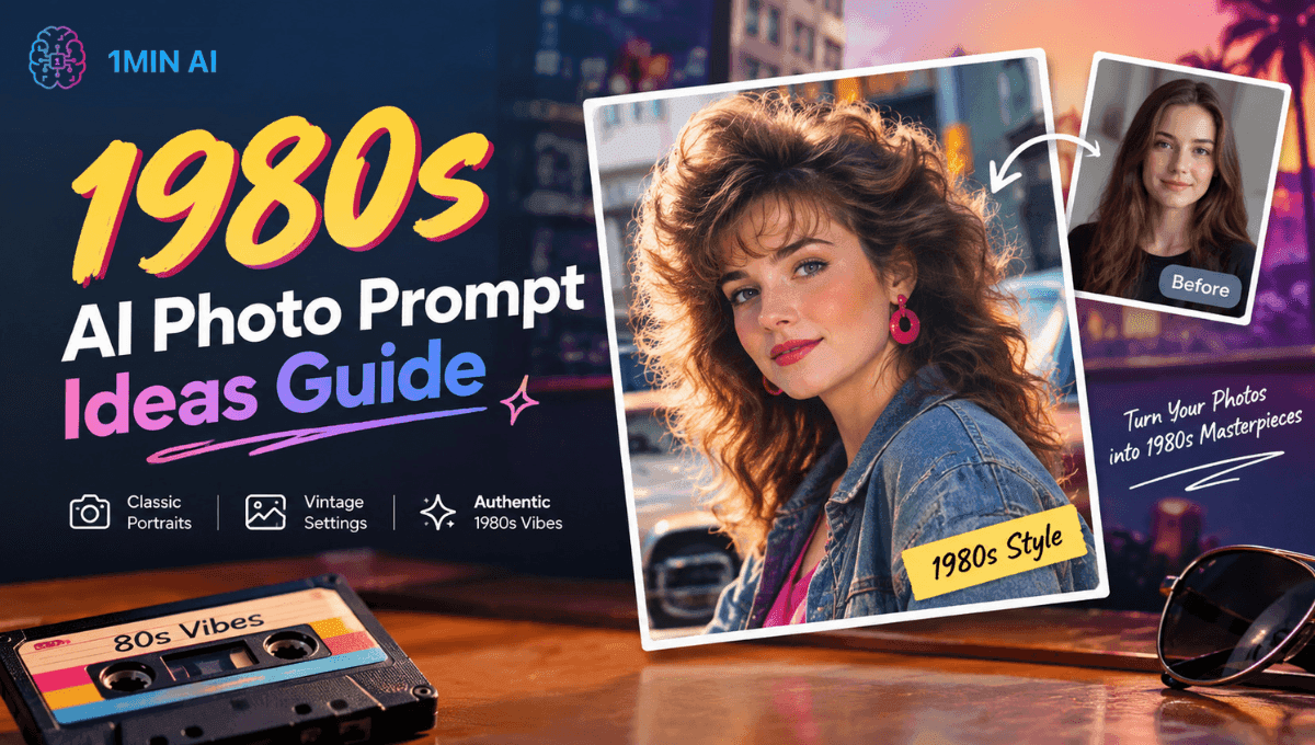 Promotional graphic for an 80s AI Photo Prompt Guide showing a woman in retro style.