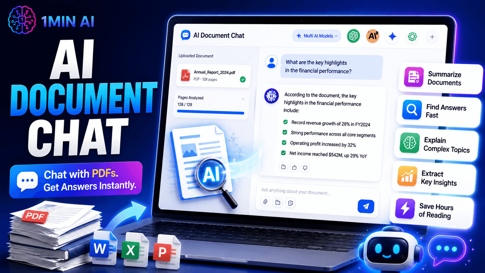 AI Document Chat software on a laptop screen, demonstrating interaction with PDFs, Word, Excel files.
