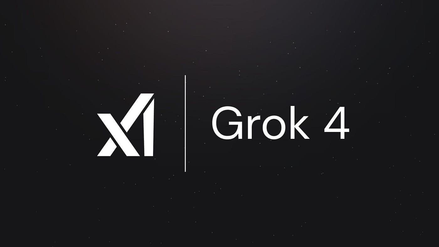XI logo and vertical line next to 'Grok 4' text on a dark background.