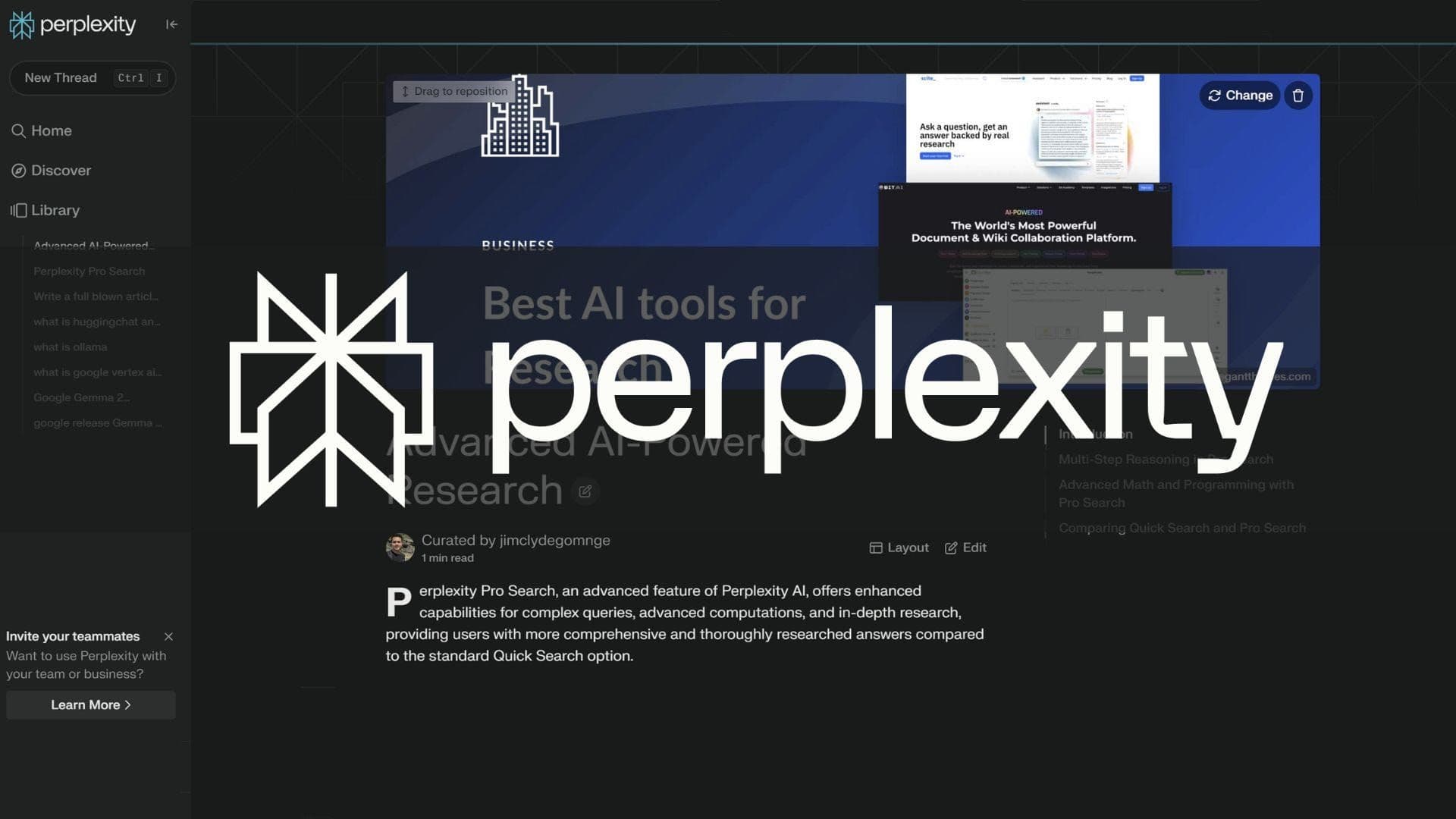 White Perplexity AI logo and text on a dark webpage with menu and article snippet.