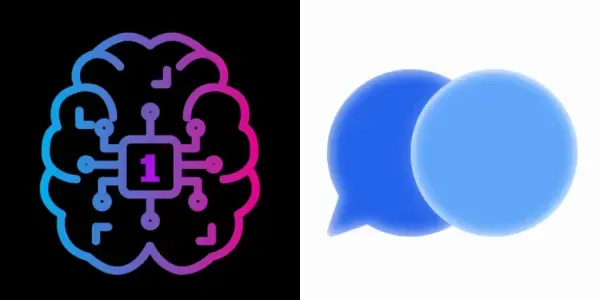 AI brain icon with circuits and two blue speech bubbles representing communication.