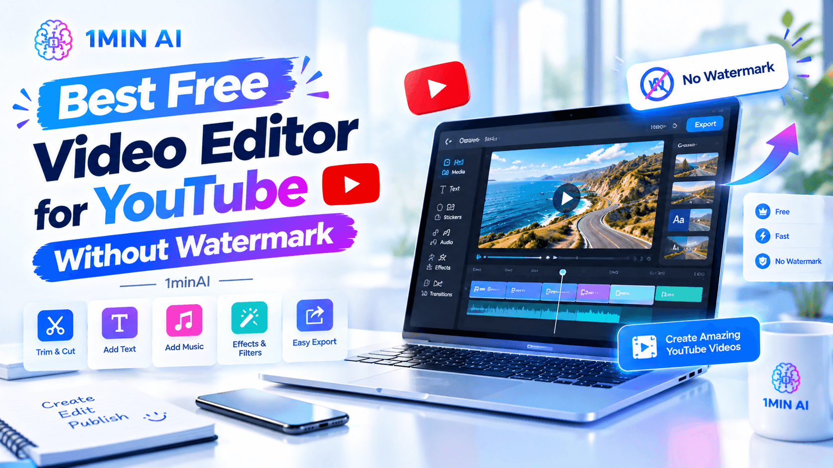 Best Free Video Editor for YouTube Without Watermark | 1minAI