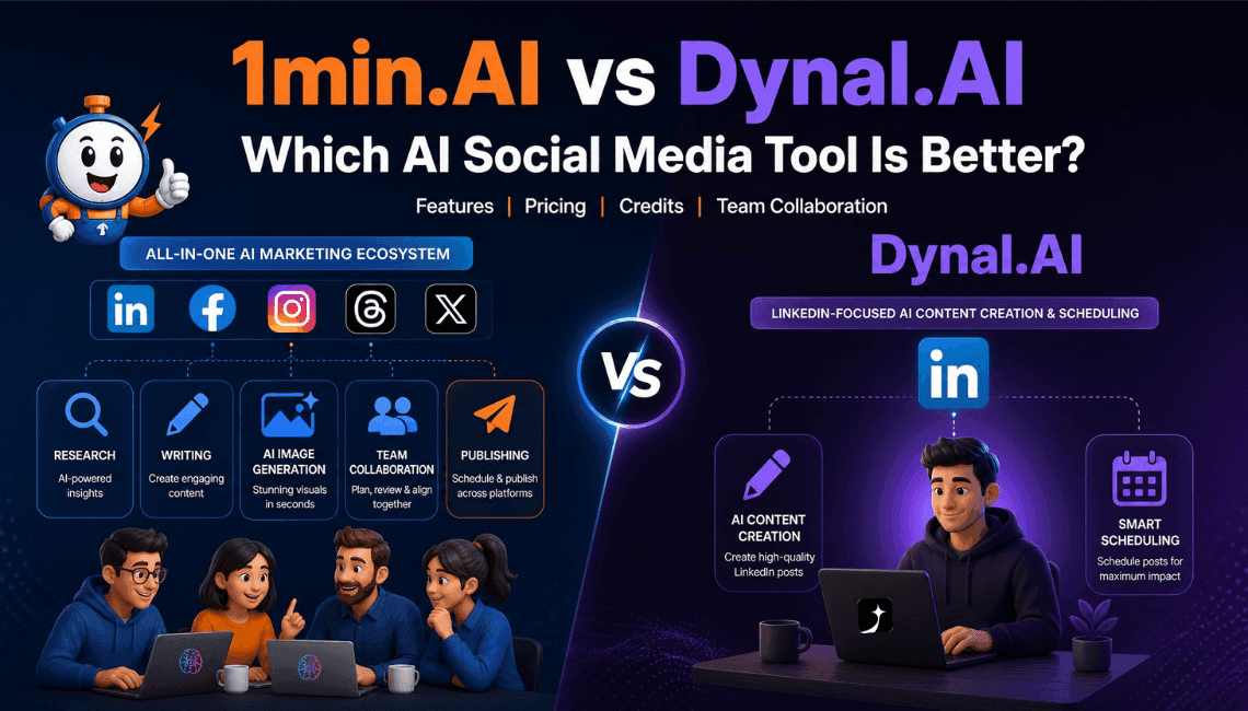Comparison of 1min.AI (multi-platform) and Dynal.AI (LinkedIn-focused) AI social media tools.