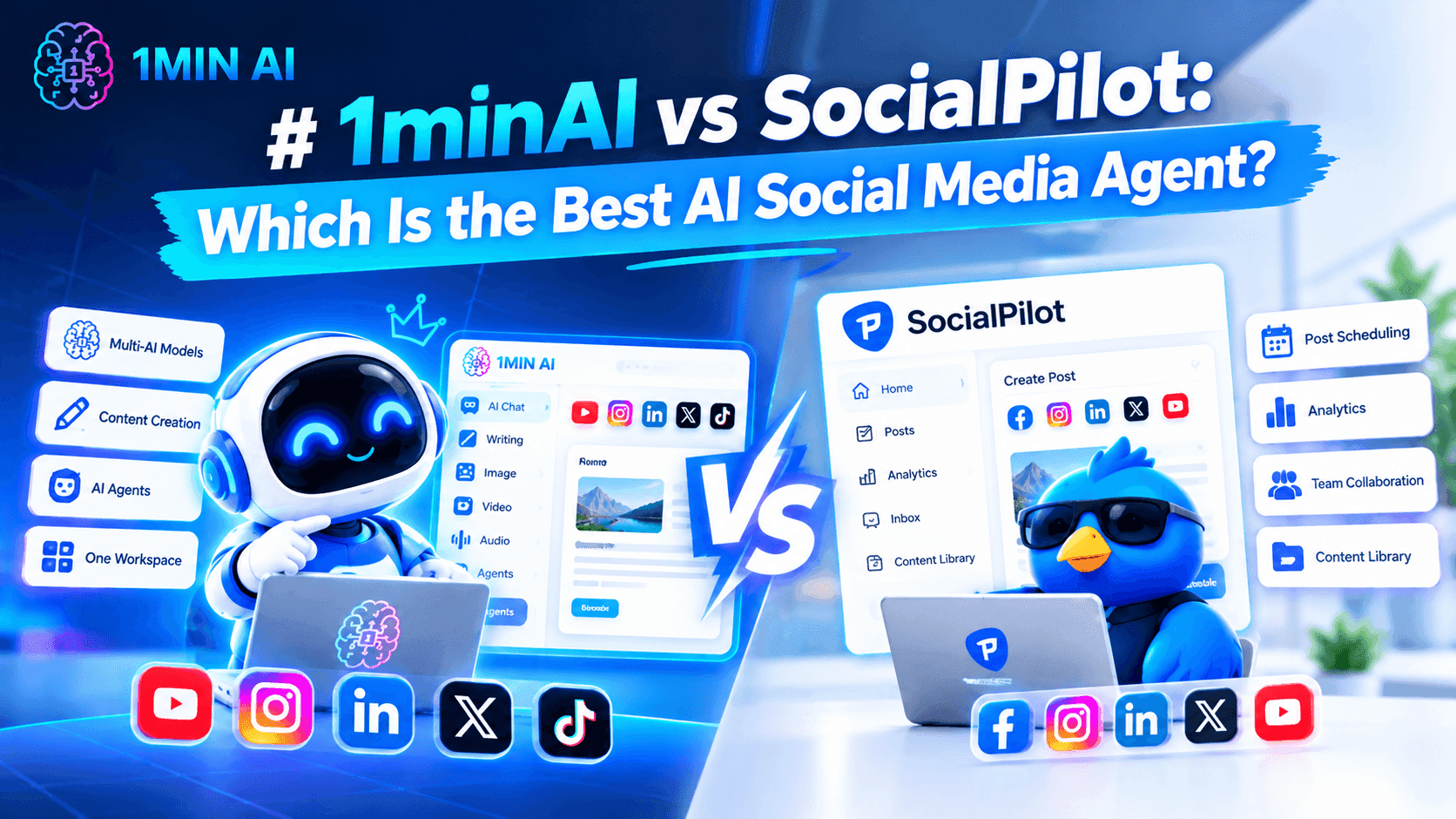 1minAI vs SocialPilot: Best AI Social Media Agent?