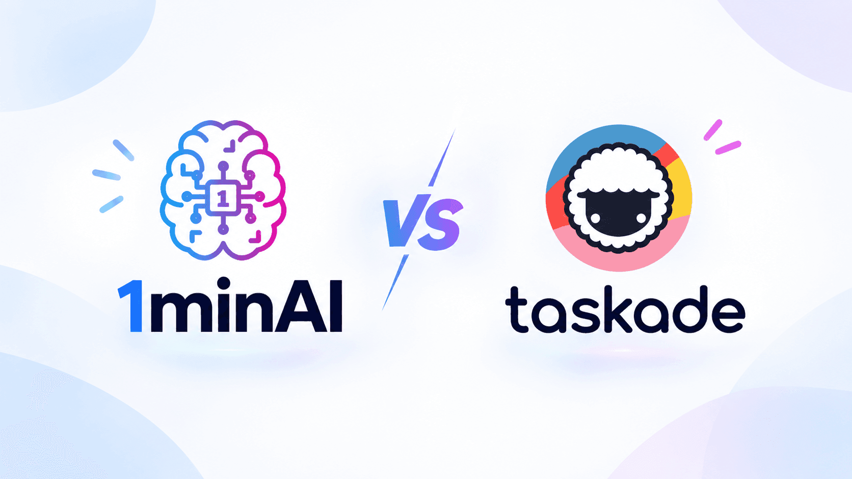 Graphic comparing 1minAI logo featuring a brain icon against Taskade's sheep mascot logo.