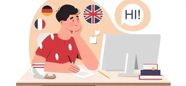 A man learns languages at a desk, surrounded by flags and a 'HI!' speech bubble.
