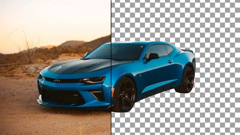 Blue Chevrolet Camaro shown before and after background removal.