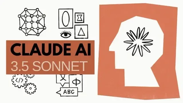 CLAUDE AI 3.5 SONNET text with abstract AI symbols and a thinking head silhouette.