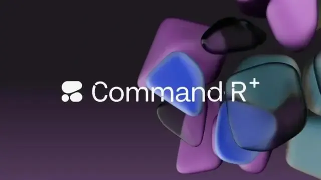 Text 'Command R+' with an icon, against a background of blurry, colorful geometric shapes.