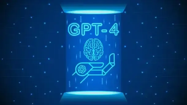A glowing blue container with 'GPT-4', a brain icon, and a robotic arm icon.