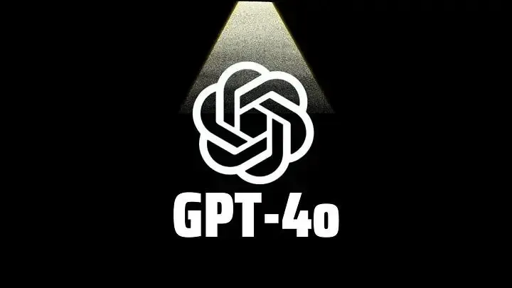 OpenAI logo with text GPT-40 illuminated by a spotlight on a black background.