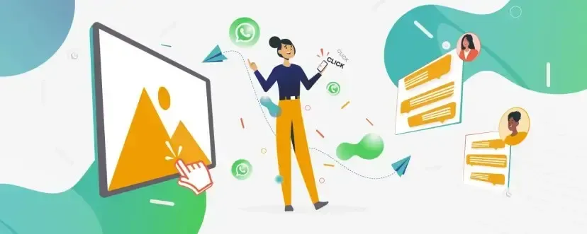 Illustration of a woman managing digital content with screens, chat boxes, and floating elements.