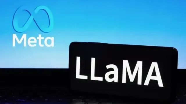 Meta logo in blue behind a black screen displaying the white text 'LLaMA'.