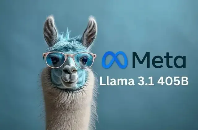 Blue llama in sunglasses next to Meta logo and 'Llama 3.1 405B' text.