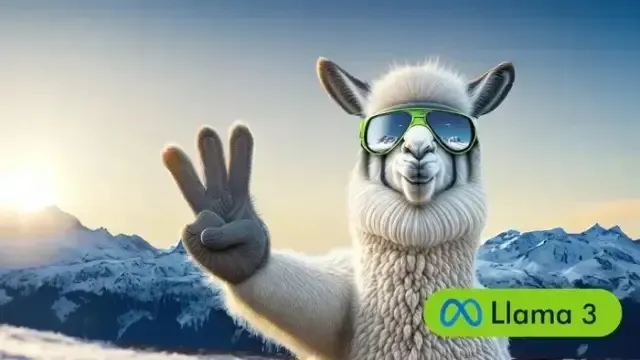Cartoon llama wearing sunglasses raises three fingers, 'Meta Llama 3' logo prominent.