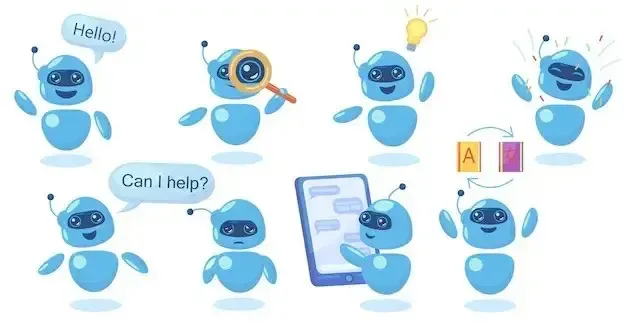 Multiple blue cartoon robots demonstrating various chatbot functions and interactions, including greeting and problem-solving.