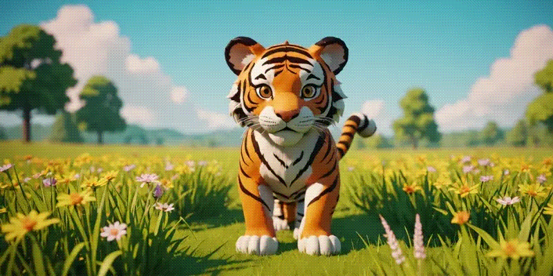 A cute cartoon tiger cub stands in a vibrant field of wildflowers.