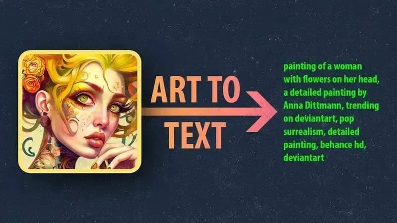 Graphic illustrates converting art to text, featuring a woman's painting and descriptive keywords.