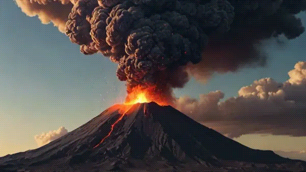 Volcano erupting powerfully, sending dark ash and smoke high into a cloudy sky.
