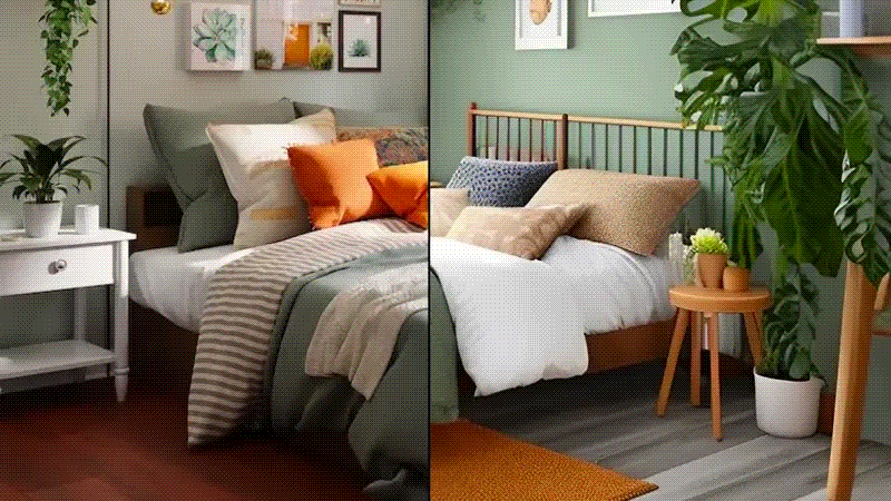 Two cozy bedroom scenes displayed side-by-side, featuring natural colors, comfortable beds, and indoor plants.